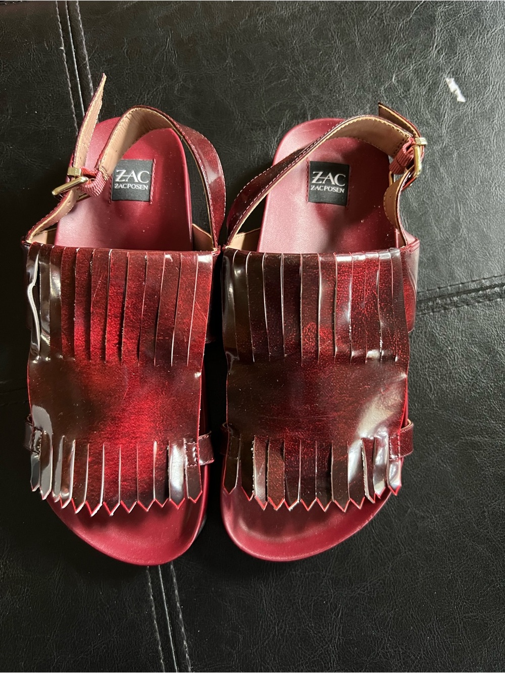ZAC Zac Posen Metallic Burgundy Fringe Slingback Sandals